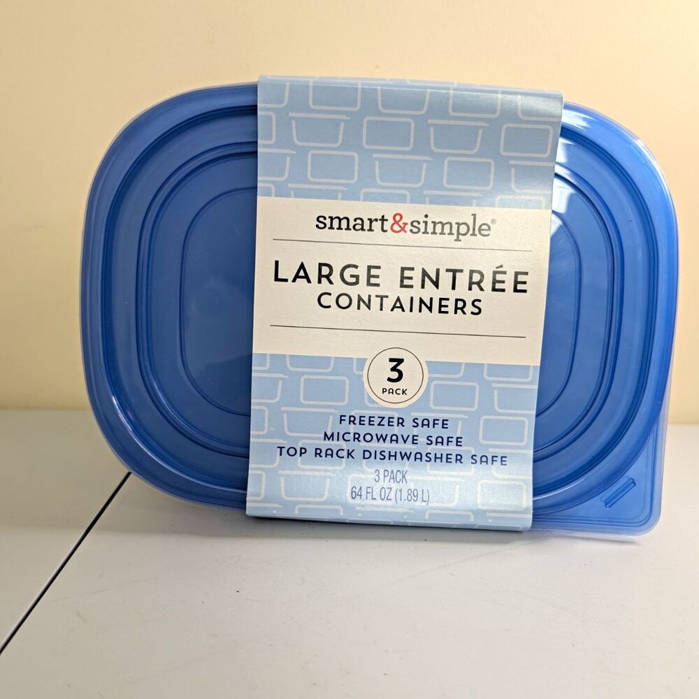 smart&simple Large Entrée Containers 3pk 64oz Clear/Blue Rect Freezer Safe